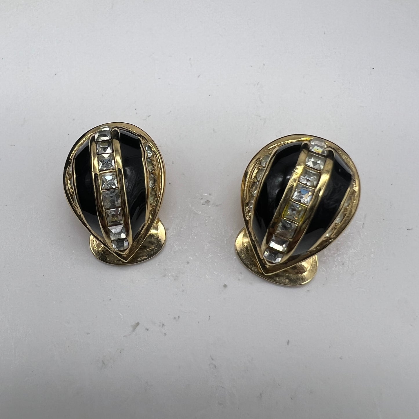 Christian Dior Vintage Black With Rhinestone Clip-On Earrings