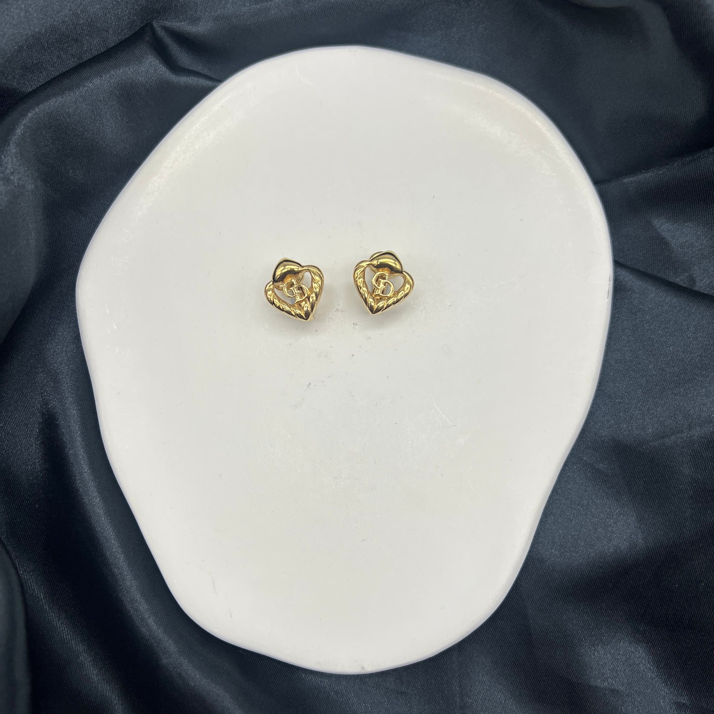 Christian Dior Vintage CD Logo With Heart Motif Golden Clip-On Earrings