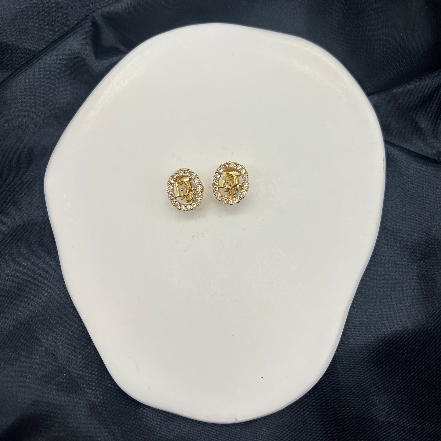 Christian Dior Vintage Dior Logo Rhinestone Golden Clip-On Earrings