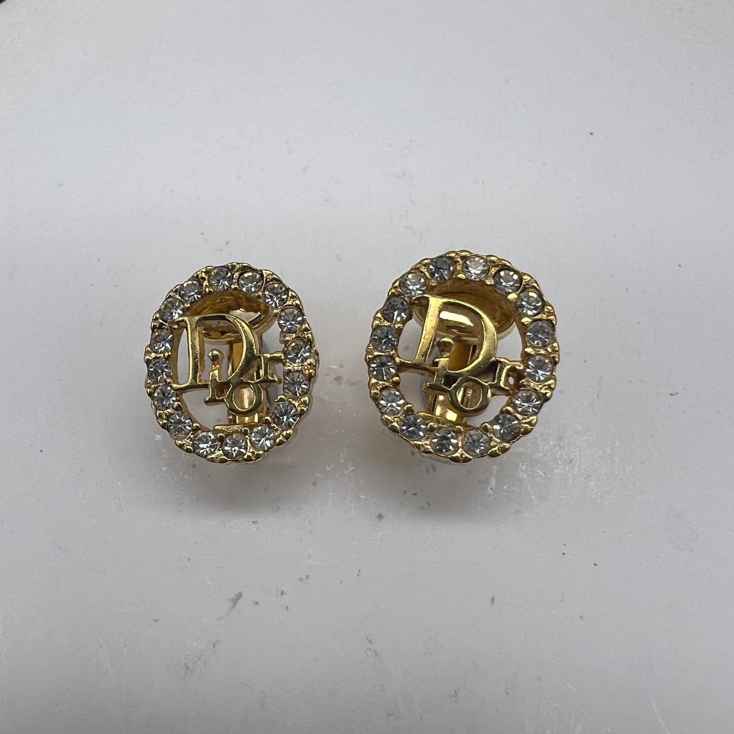 Christian Dior Vintage Dior Logo Rhinestone Golden Clip-On Earrings