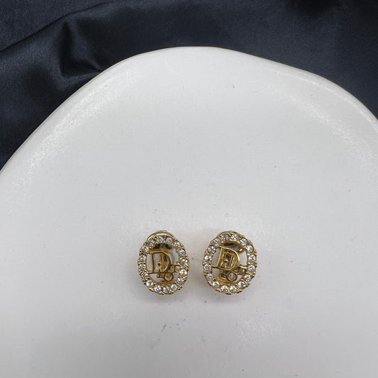 Christian Dior Vintage Dior Logo Rhinestone Golden Clip-On Earrings