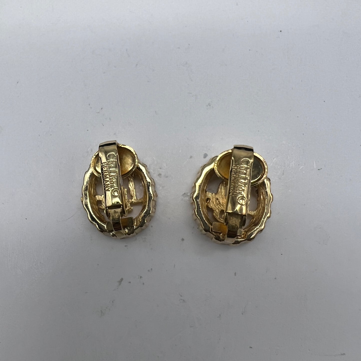 Christian Dior Vintage Dior Logo Rhinestone Golden Clip-On Earrings