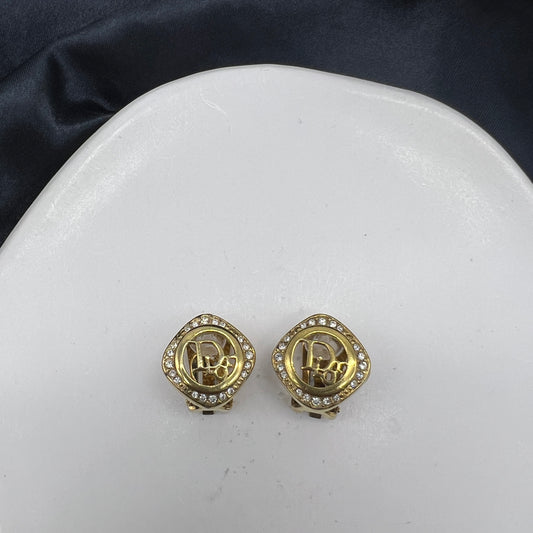 Christian Dior Vintage Dior Logo With Rhinestone Golden Clip-On Earrings