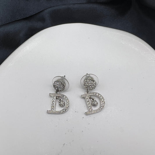 Christian Dior Vintage D Logo With Rhinestone Silver Color Earrings