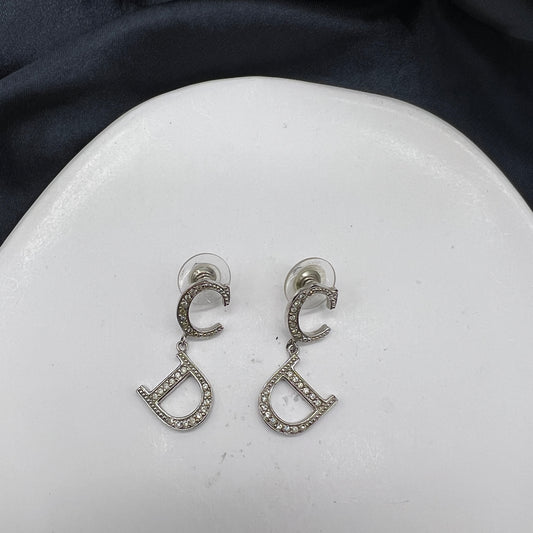 Christian Dior Vintage CD Logo Rhinestone Embellished Silver Earrings