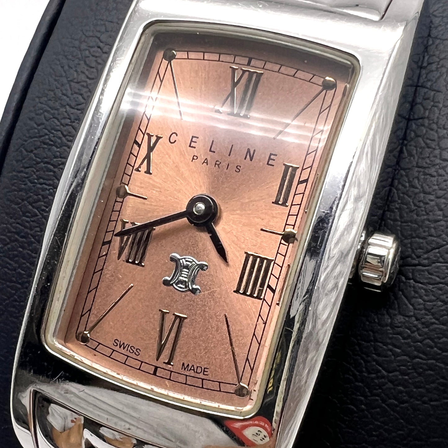 Celine Vintage Pink Face Stainless Steel Rectangle Bracelet Watch With Logo Buckle