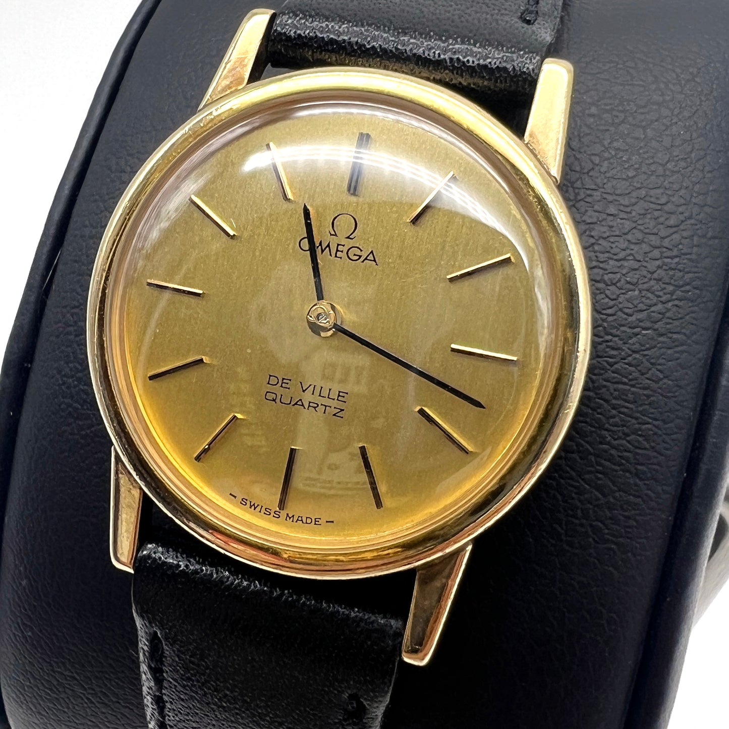 Omega Vintage De Ville Golden Face With Black Leather Strap Watch