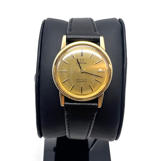 Omega Vintage De Ville Golden Face With Black Leather Strap Watch