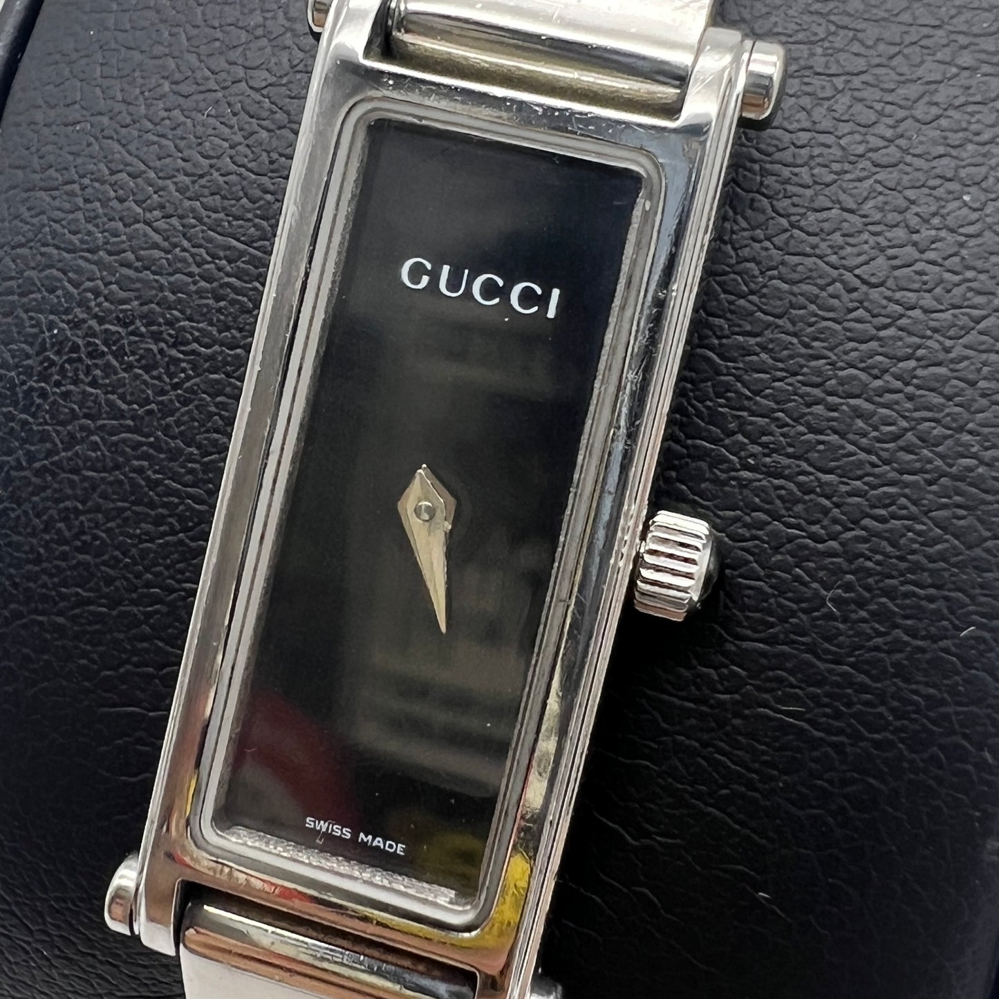 Gucci Vintage 1500L Silver Dial Black Rectangle Face Stainless Steel Bangle Watch