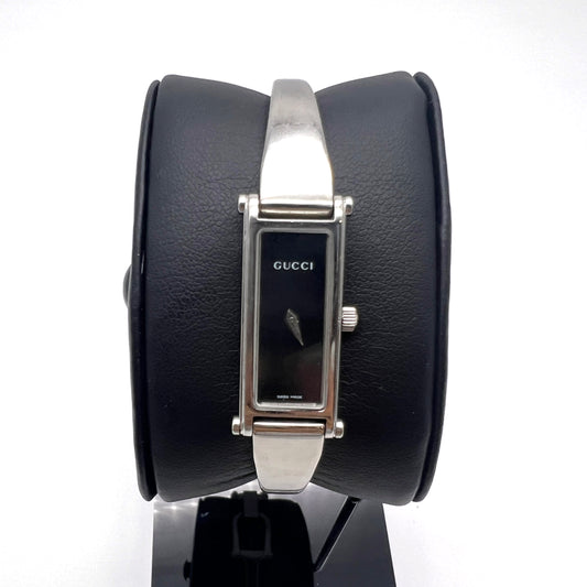 Gucci Vintage 1500L Silver Dial Black Rectangle Face Stainless Steel Bangle Watch