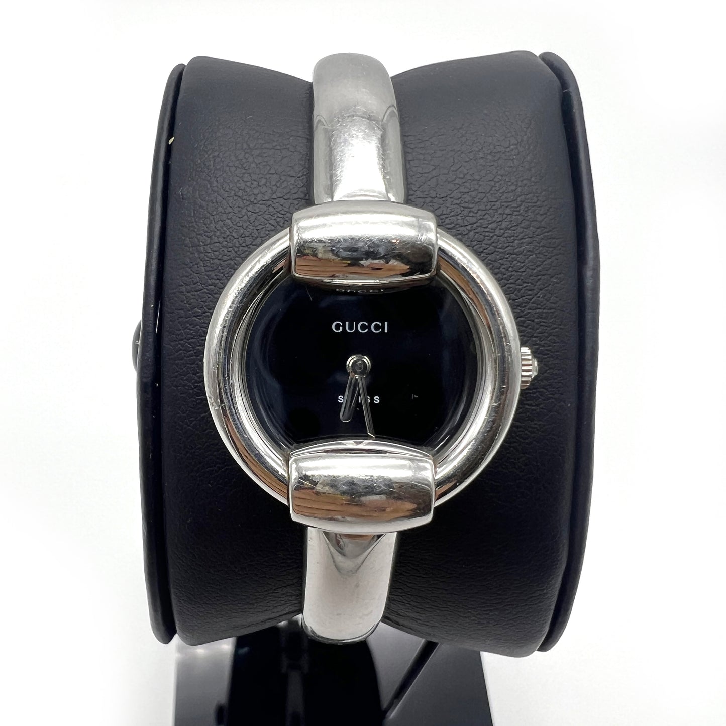 Gucci Vintage 1400L Black Circle Face Stainless Steel Bangle Watch