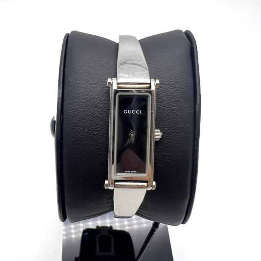 Gucci Vintage 1500L Silver Dial Black Rectangle Face Stainless Steel Bangle Watch