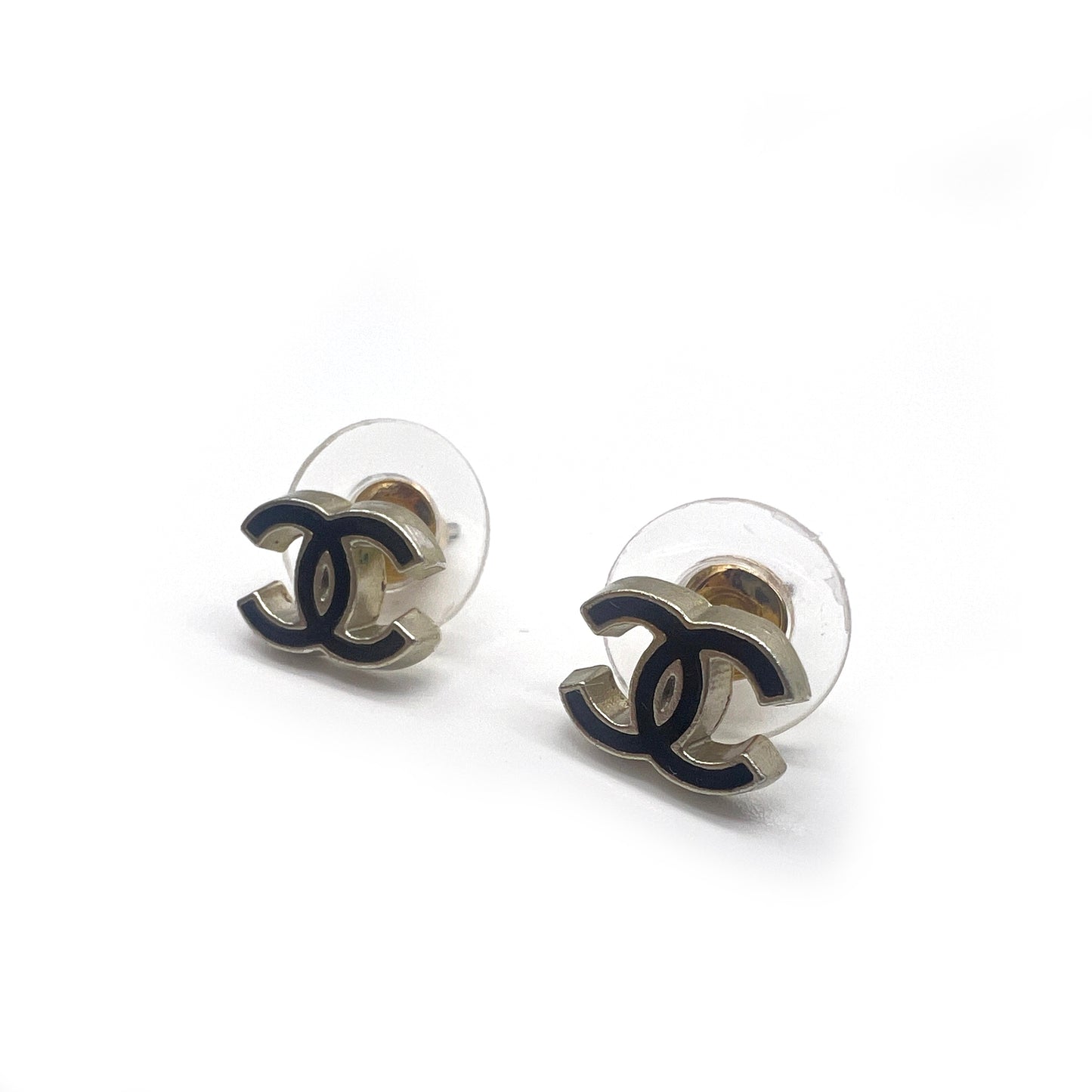 Chanel Vintage Black CC Logo Silver Earrings