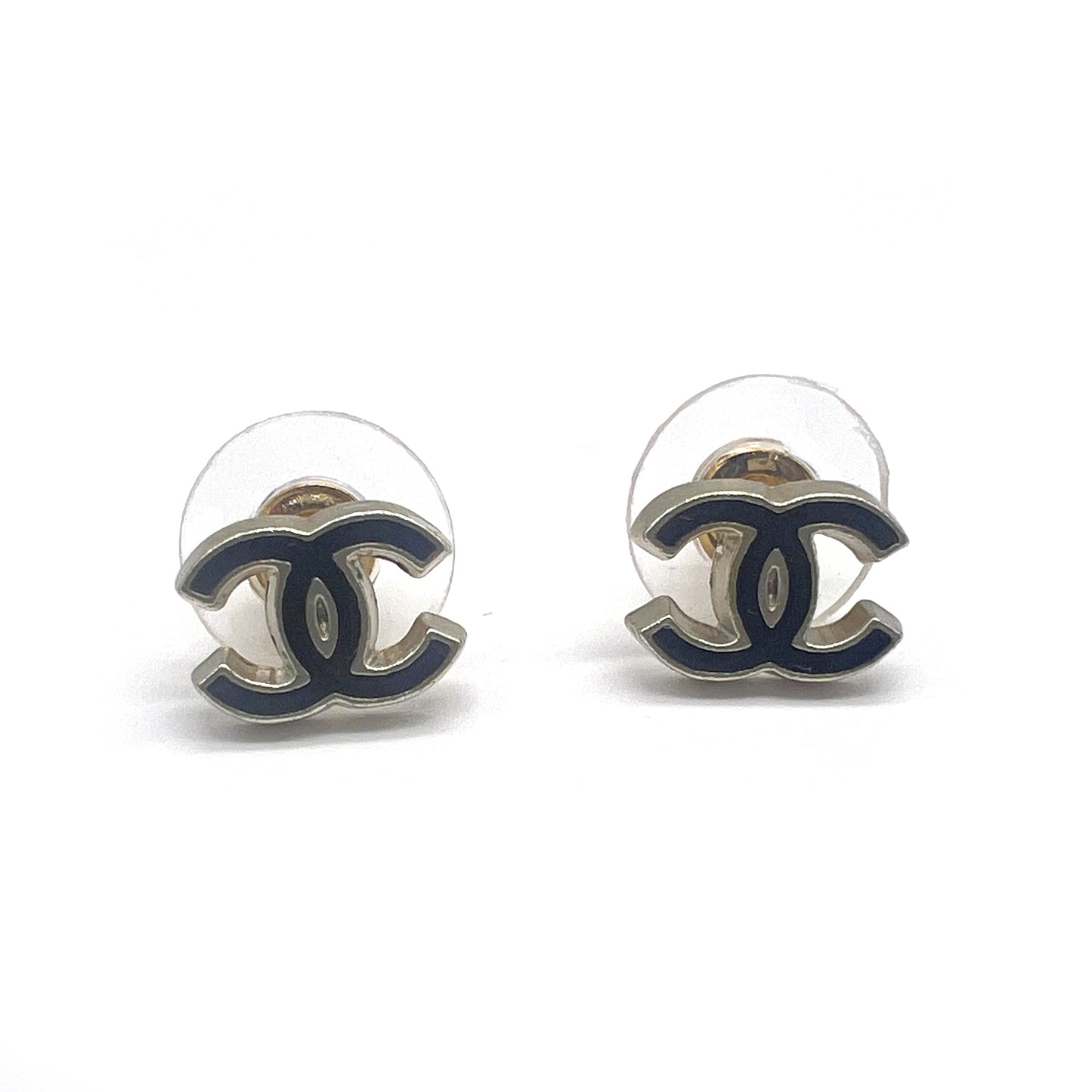 Chanel Vintage Black CC Logo Silver Earrings