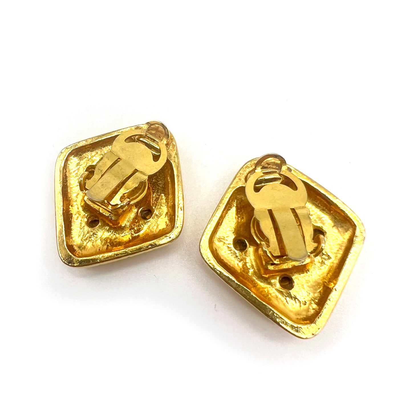 Chanel Vintage Diamond Shape Rhinestone Large Golden Clip-On Earrings