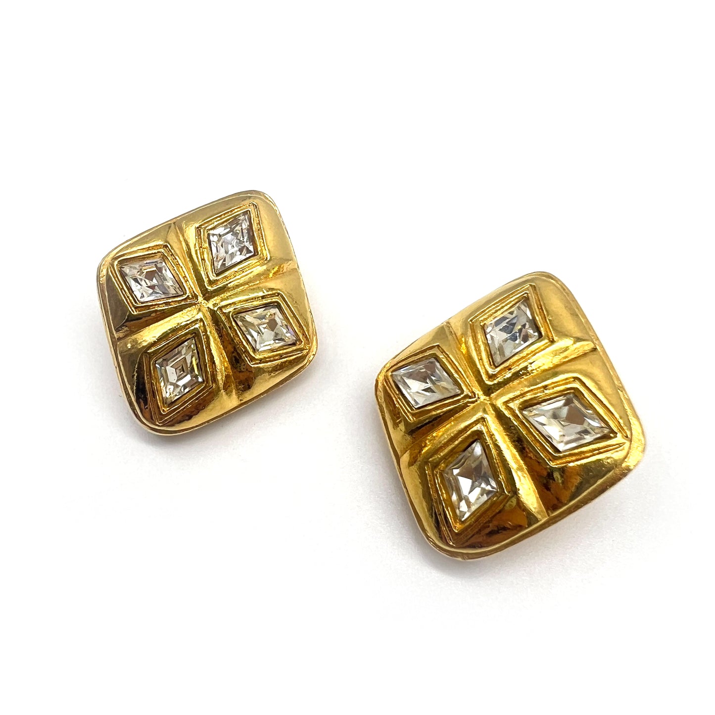 Chanel Vintage Diamond Shape Rhinestone Large Golden Clip-On Earrings