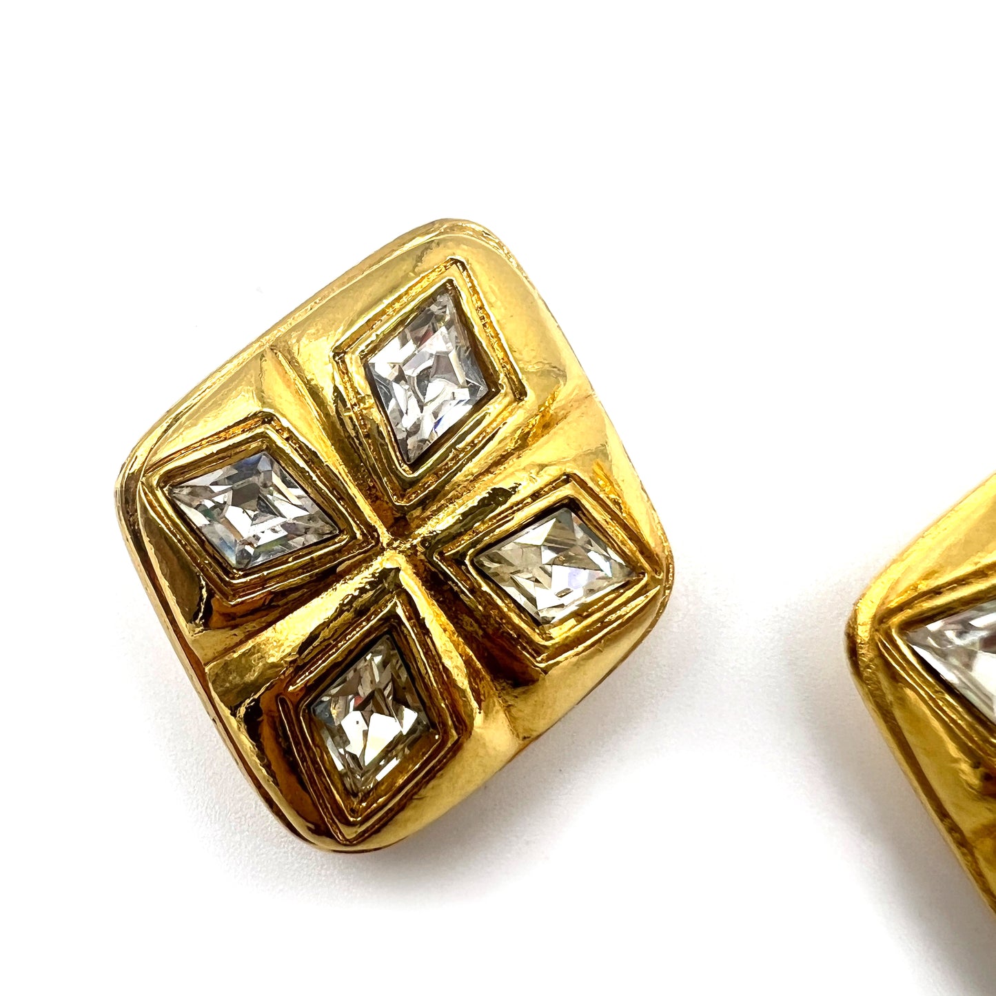 Chanel Vintage Diamond Shape Rhinestone Large Golden Clip-On Earrings