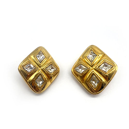 Chanel Vintage Diamond Shape Rhinestone Large Golden Clip-On Earrings