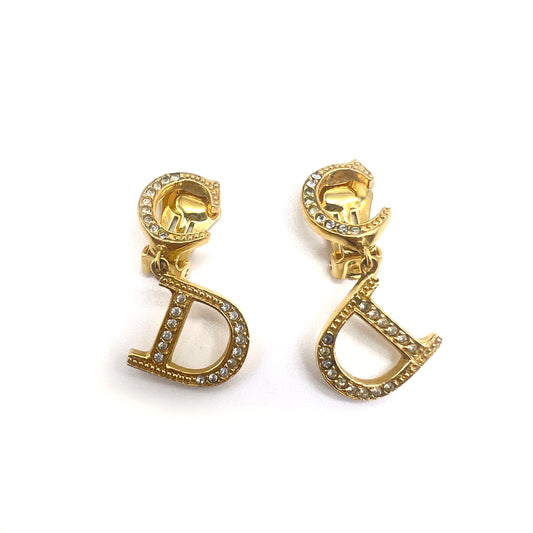 Christian Dior Vintage CD Logo With Rhinestone Golden Cilp-On-Earrings