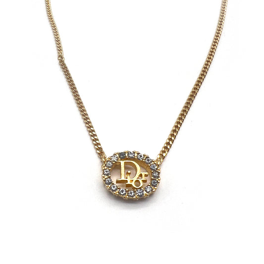 Christian Dior Vintage Dior Logo With Rhinestone In Circle Pendant Golden Necklace