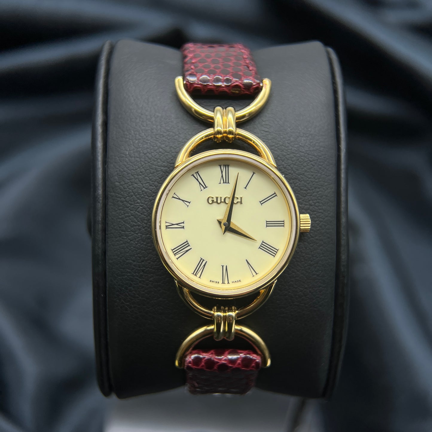 Gucci Gold Color Circle Face Watch With Leather Strap