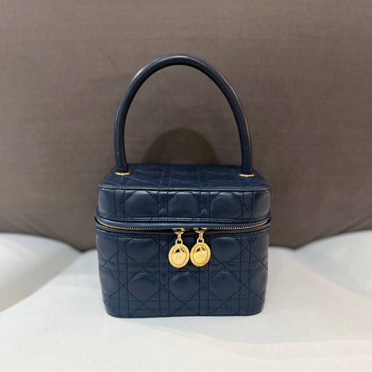 Christian Dior Cannage Pattern Vanity Handbag In Navy Leather