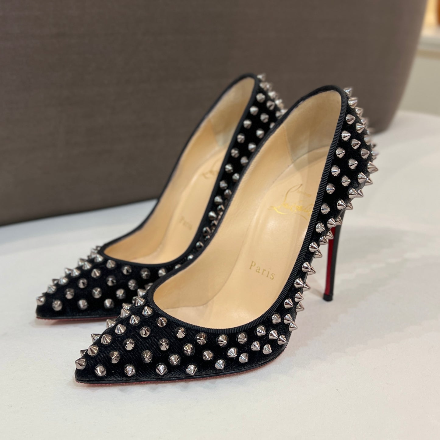 Christian Louboutin Velour & Leather Pumps With With Signature Tonal Spikes (Size 35)