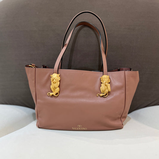 Valentino Gold Monkey Buckle Leather Tote Bag