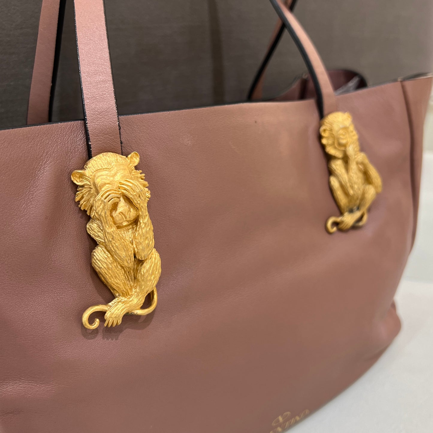 Valentino Gold Monkey Buckle Leather Tote Bag