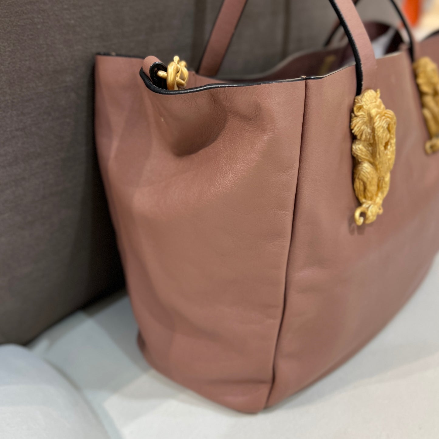 Valentino Gold Monkey Buckle Leather Tote Bag