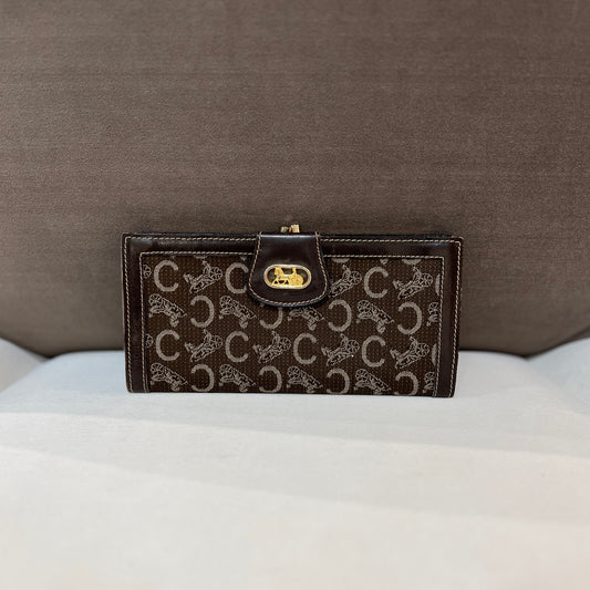 Celine C Macadam Carriage Patten With Metallic Logo Bifold Long Wallet In Brown Color