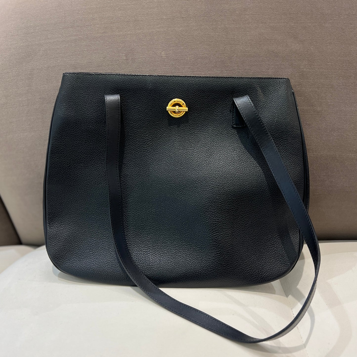 Broken - Celine Black Leather Tote Bag With Royal Interior & Golden Celine Logo