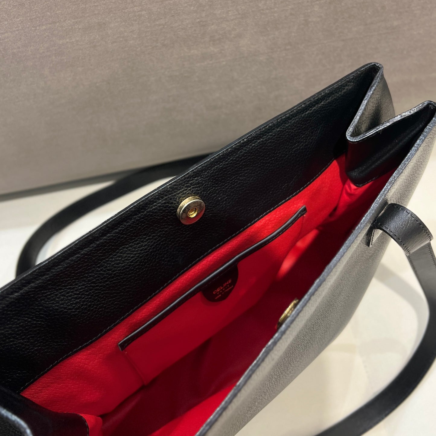 Broken - Celine Black Leather Tote Bag With Royal Interior & Golden Celine Logo