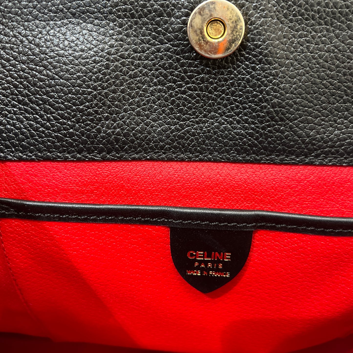 Broken - Celine Black Leather Tote Bag With Royal Interior & Golden Celine Logo