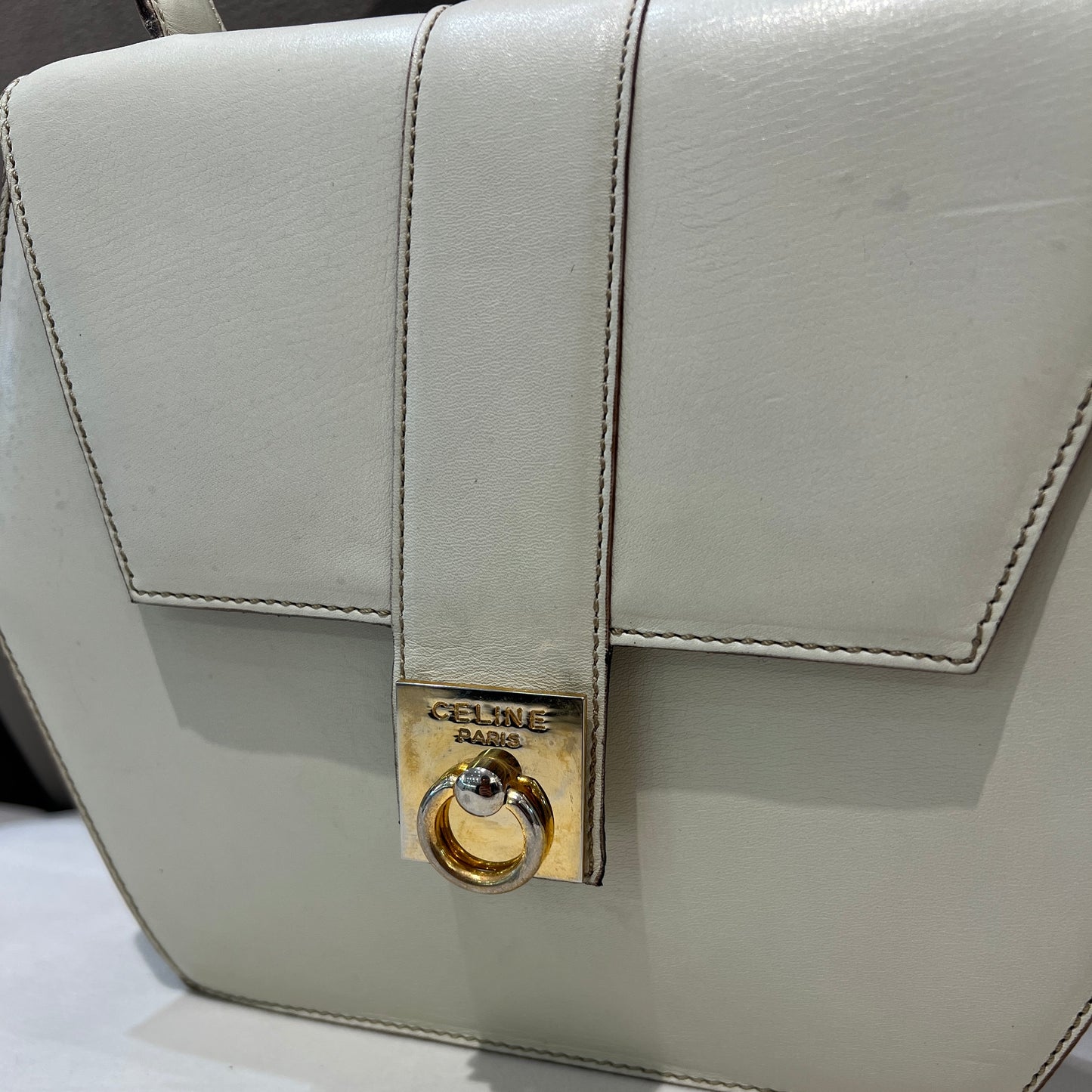 Celine Gancini Top Handle Mini Bag In Ivory Color Calfskin