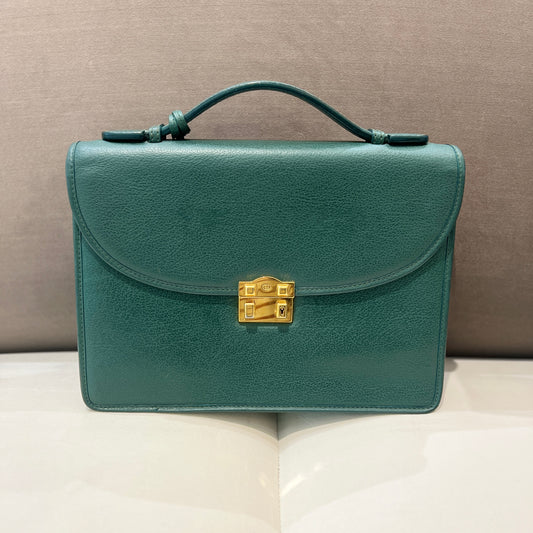 Gucci Emerald Green Leather Briefcase With Special Compartment And Key