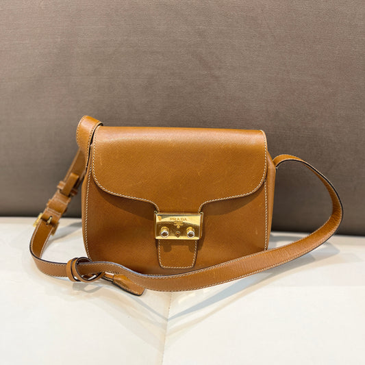 Prada Brown Leather Shoulder Bag With Lock Metallic