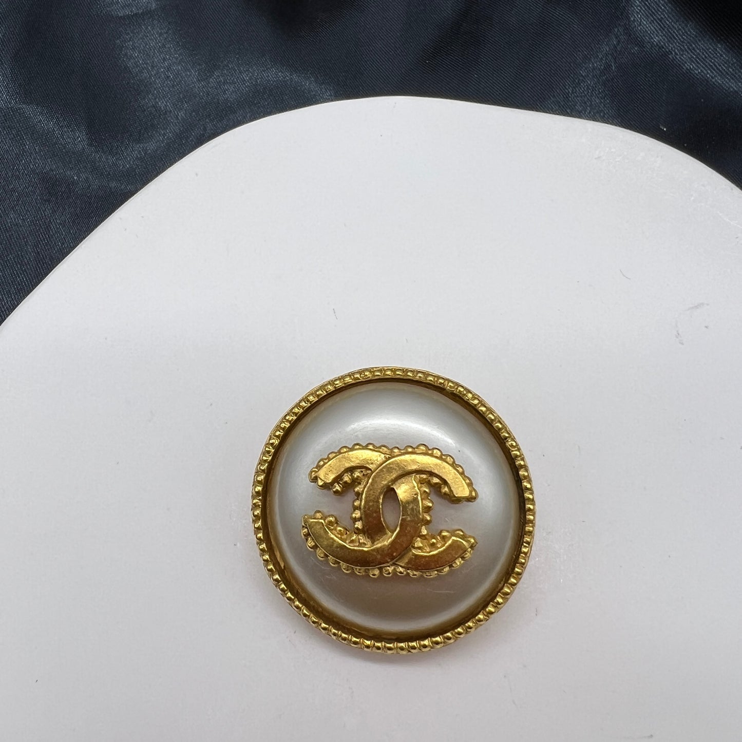 Chanel Vintage Golden Cc Logo With Round Pearl Brooch