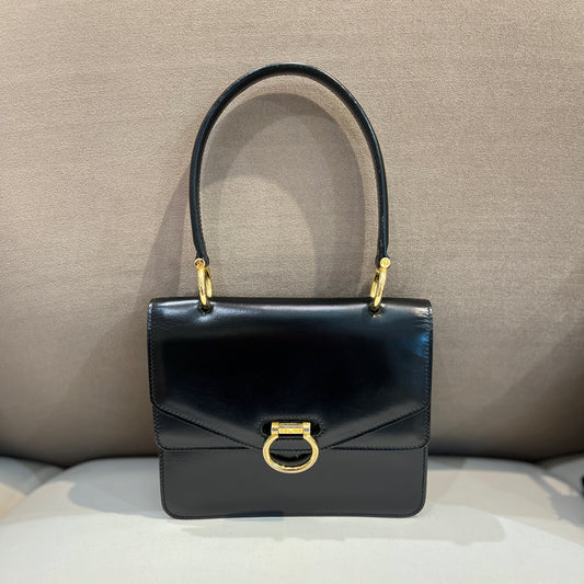 Celine Vintage Gancini Black Mini Handbag With Gold Hardware