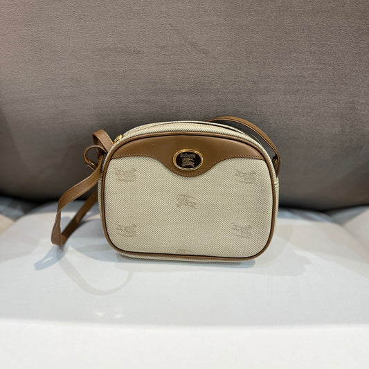 Burberry Vintage Horse Logo Pattern Brown Camera Bag With Gold Logo Plate