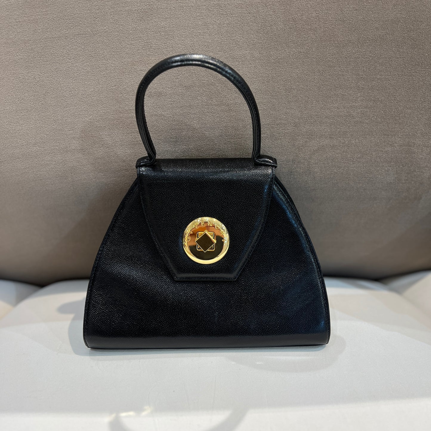 Givenchy Vintage Black Leather Triangle With Golden Turn Lock Top Handle Bag