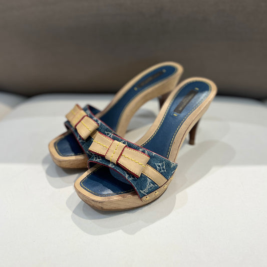 Louis Vuitton Monogram Ribbon Denim & Leather Sandals