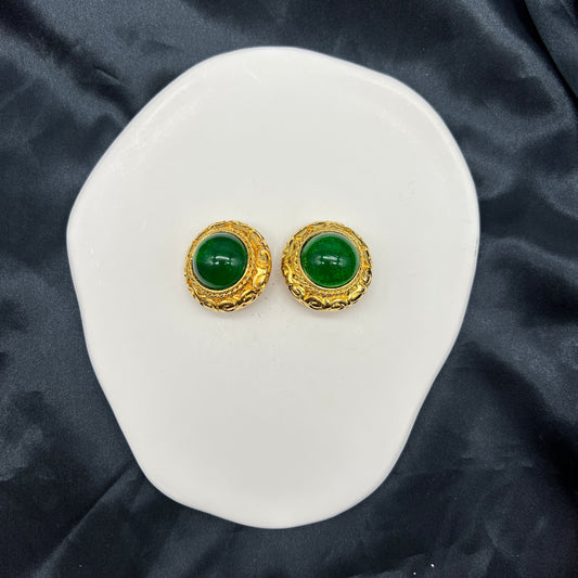 Chanel Vintage Green Stone Golden Circle Clip-On Earrings