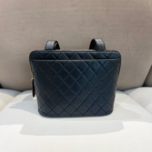 Chanel Vintage Matelasse Black Leather Calfskin Shoulder Bag With Logo Charm