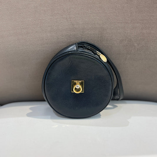 Celine Vintage Round Shape Black Leather Mini Bag With Golden Hardware