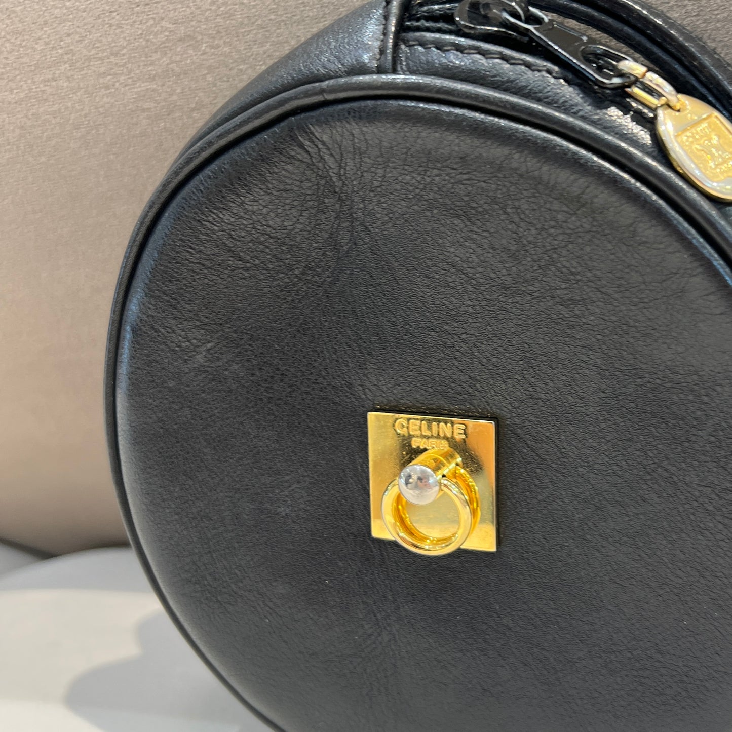 Celine Vintage Round Shape Black Leather Mini Bag With Golden Hardware