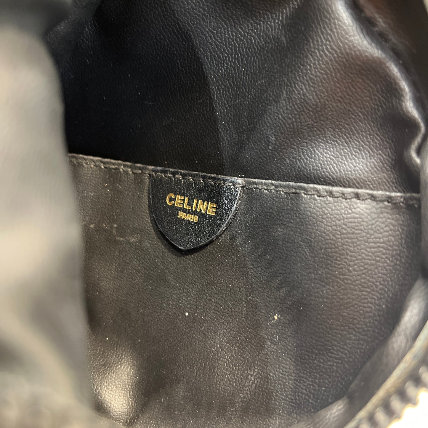 Celine Vintage Round Shape Black Leather Mini Bag With Golden Hardware