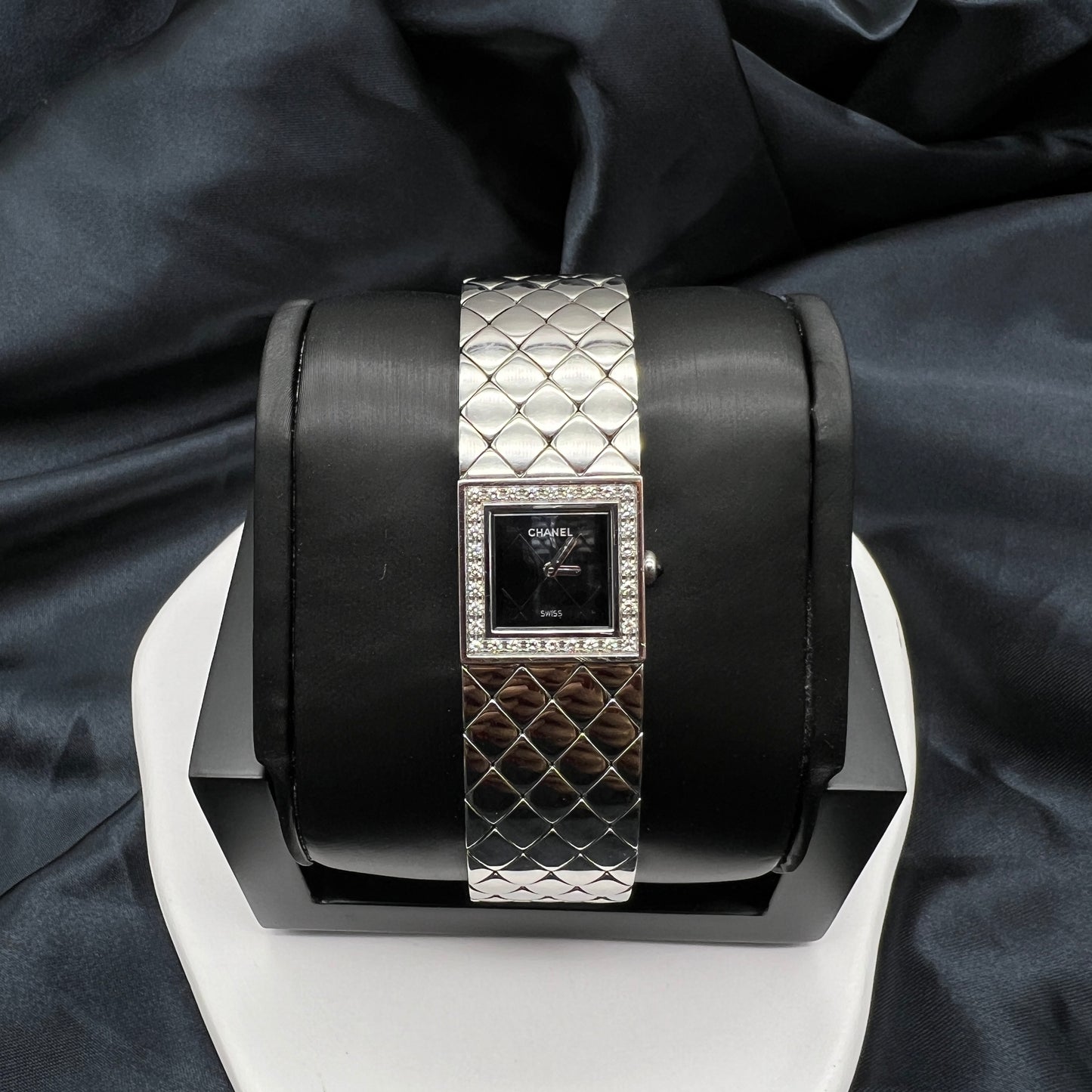 Chanel Vintage Matelasse Diamond Watch With Black Dial