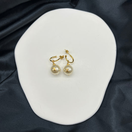 Chanel Vintage Golden Double C Pearl Pendants Earrings