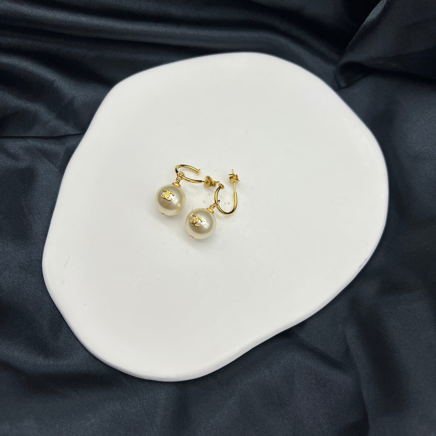 Chanel Vintage Golden Double C Pearl Pendants Earrings